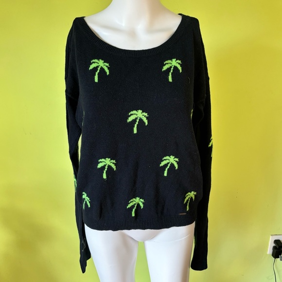 HOLLISTER NAVY BLUE GREEN PALM TREE GRAPHIC PRINT SWEATER SIZE XS - Picture 1 of 5